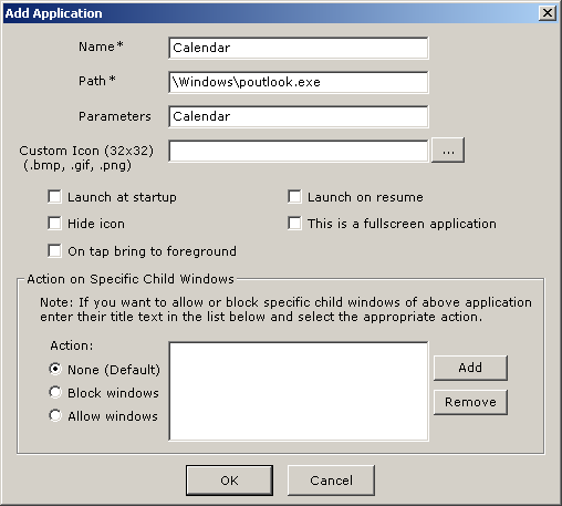 Launch Calendar application Launch Calendar application (Change parameter for tasks and contacts)