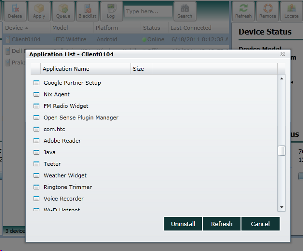 List of installed applications on the phone List of installed applications on the phone