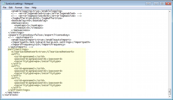 Sample SureLock Settings file with WiFi provisioning data Sample SureLock Settings file with WiFi provisioning data