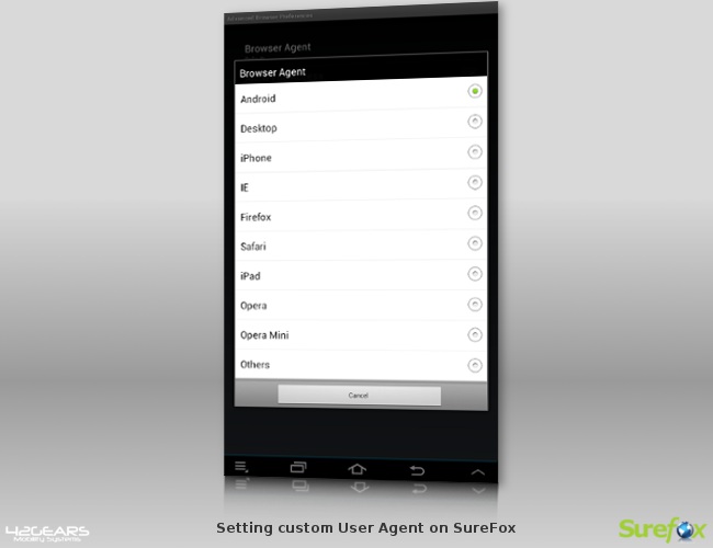User Agent screen on SureFox User Agent screen on SureFox