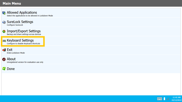 SureLock Main Menu SureLock Main Menu
