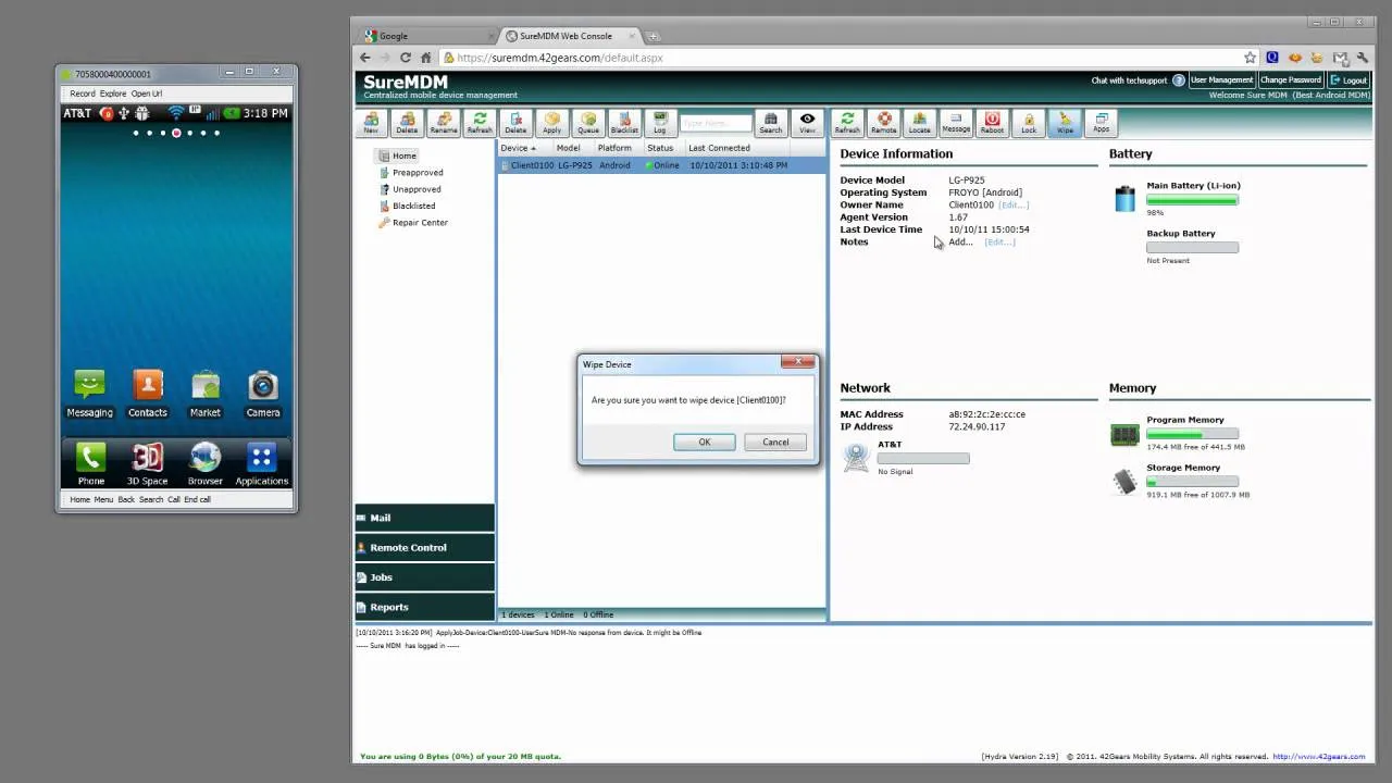 Wipe device remotely