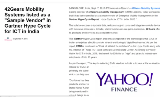 42Gears Mobility Systems listed as a "Sample Vendor" in Gartner Hype Cycle for ICT in India (Sept 7, 2016) 42Gears Mobility Systems listed as a "Sample Vendor" in Gartner Hype Cycle for ICT in India (Sept 7, 2016)
