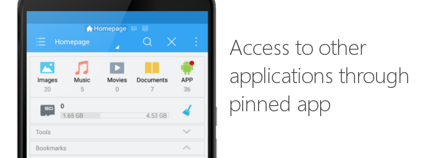 Access to other applications through pinned app