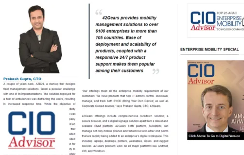 42Gears is among top 25 APAC Enterprise Mobility Technology Companies 2017 (July, 2017) 42Gears is among top 25 APAC Enterprise Mobility Technology Companies 2017 (July, 2017)