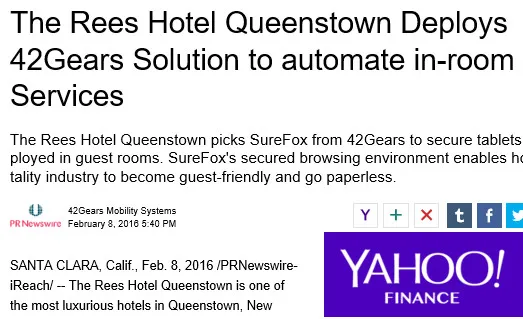 The Rees Hotel Queenstown Deploys 42Gears Solution to automate in-room Services The Rees Hotel Queenstown Deploys 42Gears Solution to automate in-room Services