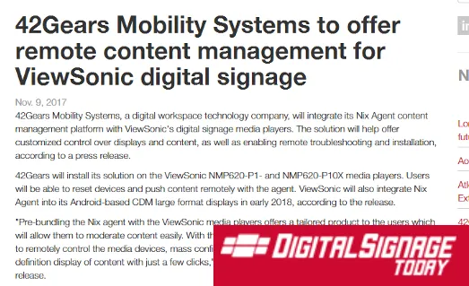 42Gears Mobility Systems to offer remote content management for ViewSonic digital signage
(Nov, 2017) 42Gears Mobility Systems to offer remote content management for ViewSonic digital signage
(Nov, 2017)