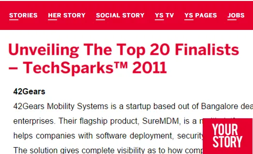 42Gears among Top 20 Finalists – TechSparks™ 2011 42Gears among Top 20 Finalists – TechSparks™ 2011