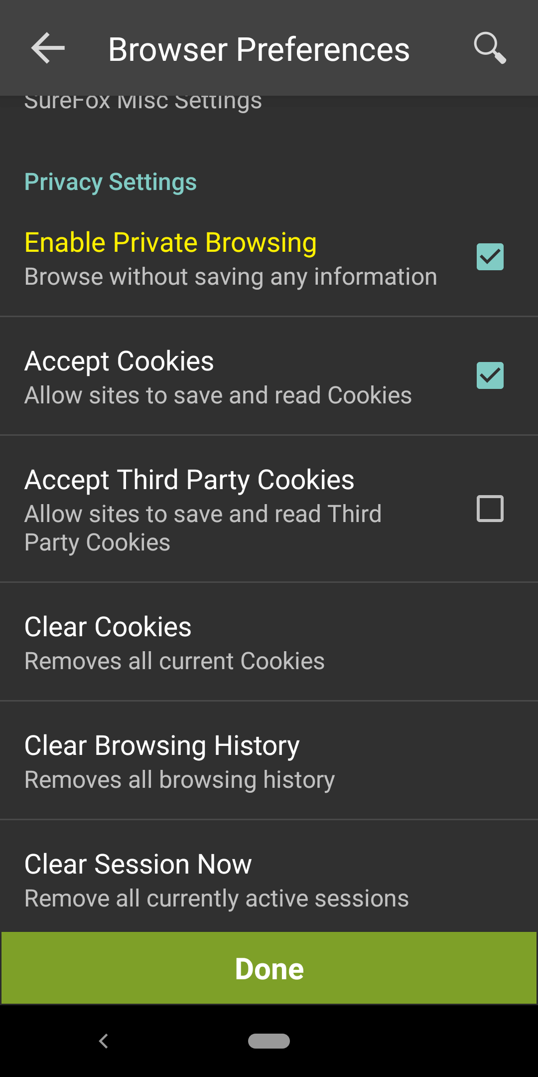 Privacy Settings in SureFox