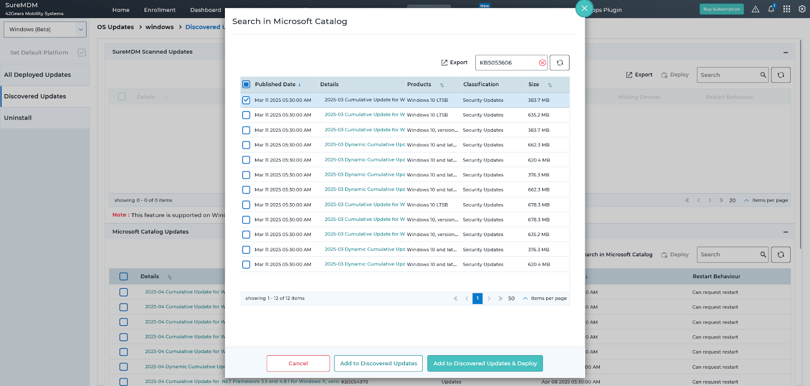 Microsoft Catalog with list of OS updates to be added to the local repository