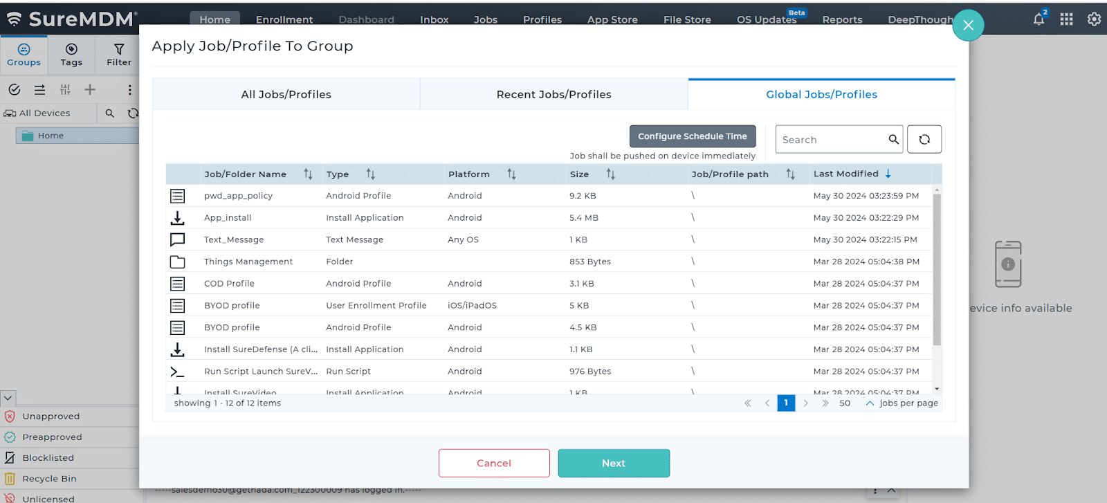 Configured Global Jobs/Profiles on SureMDM Hub