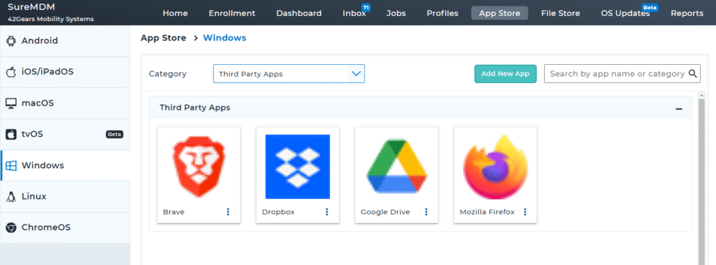 App repository showing added third party apps in the MDM console