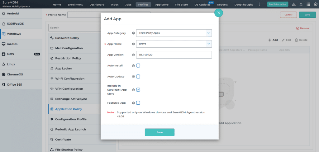 Application policy configuration for third party apps in the MDM console