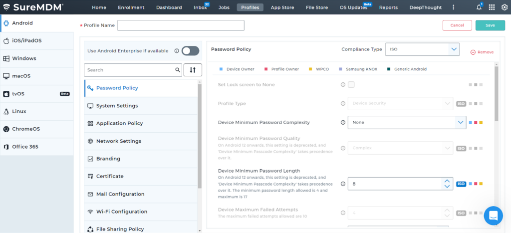 ISO 27001 policies in SureMDM web console