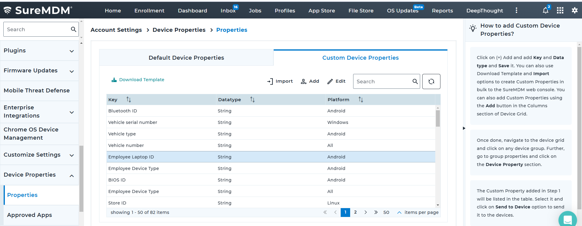 Creating Custom Device Properties in the SureMDM web console.