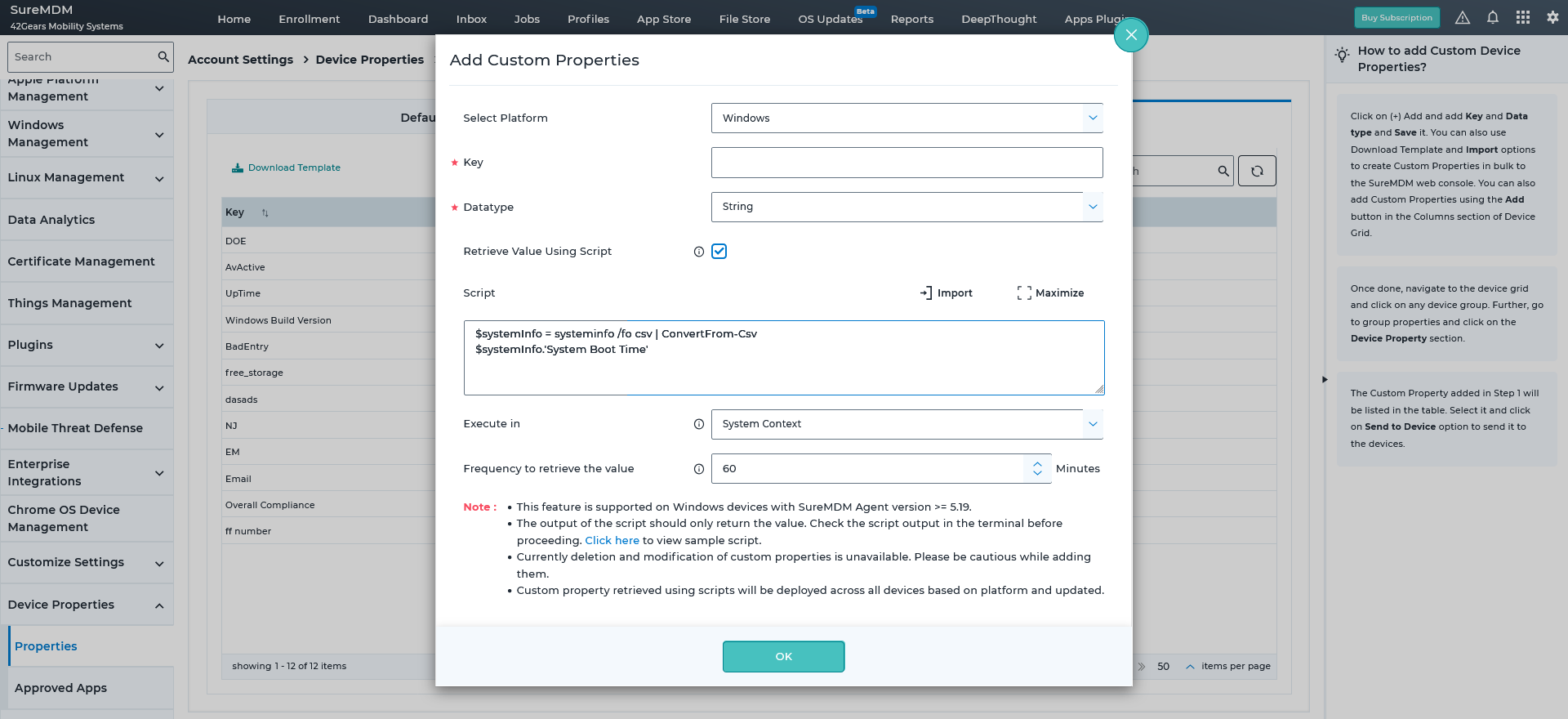 Creating Custom Device Properties in the SureMDM web console.