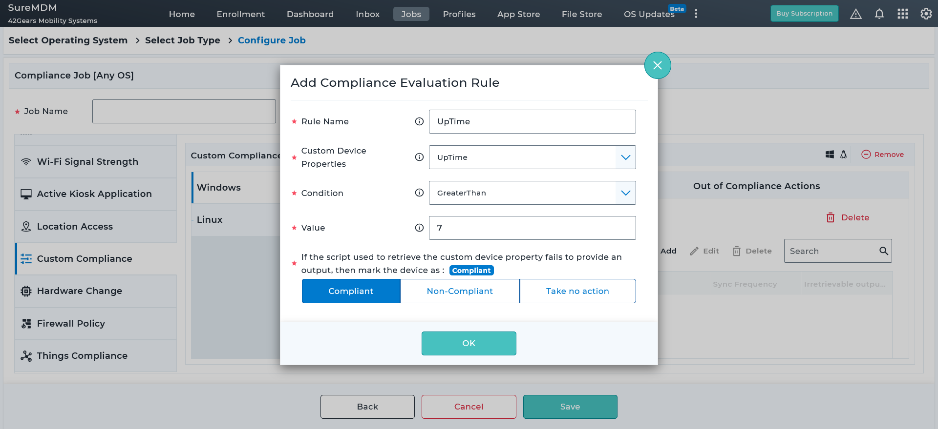 Evaluating for device compliance with Custom Device Properties in the SureMDM web console.