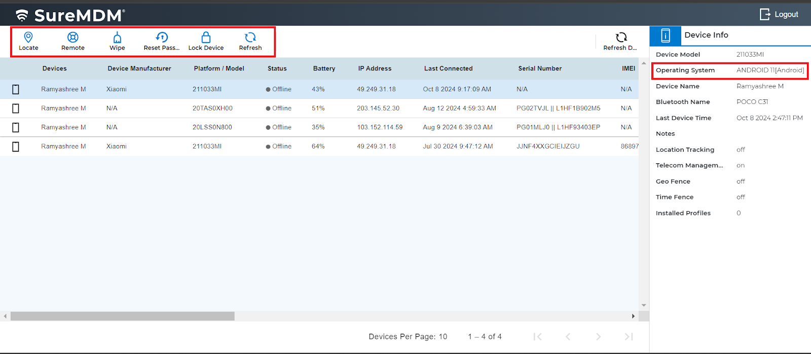Available device management actions in Self service portal for Android
