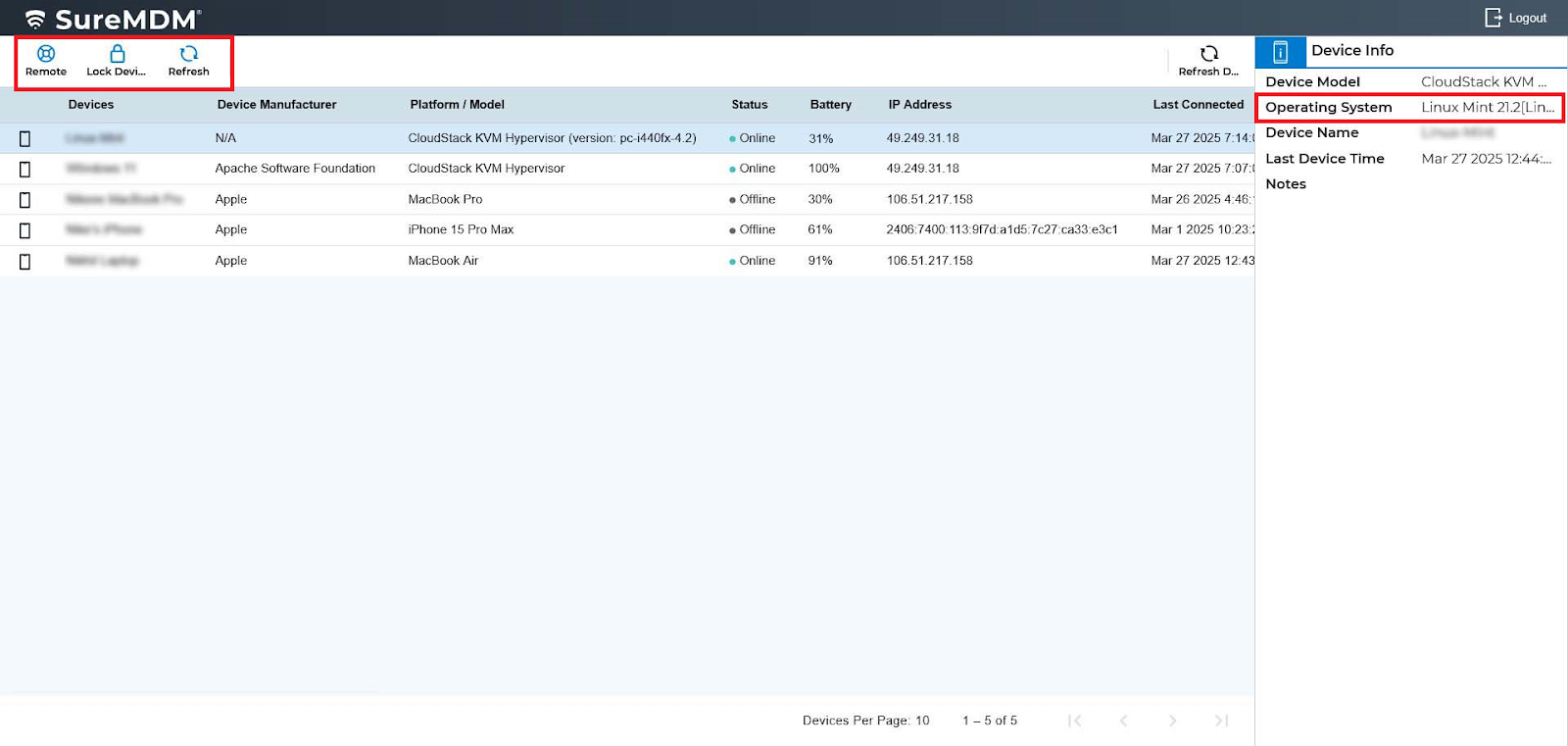 Available device management actions in Self service portal for Linux