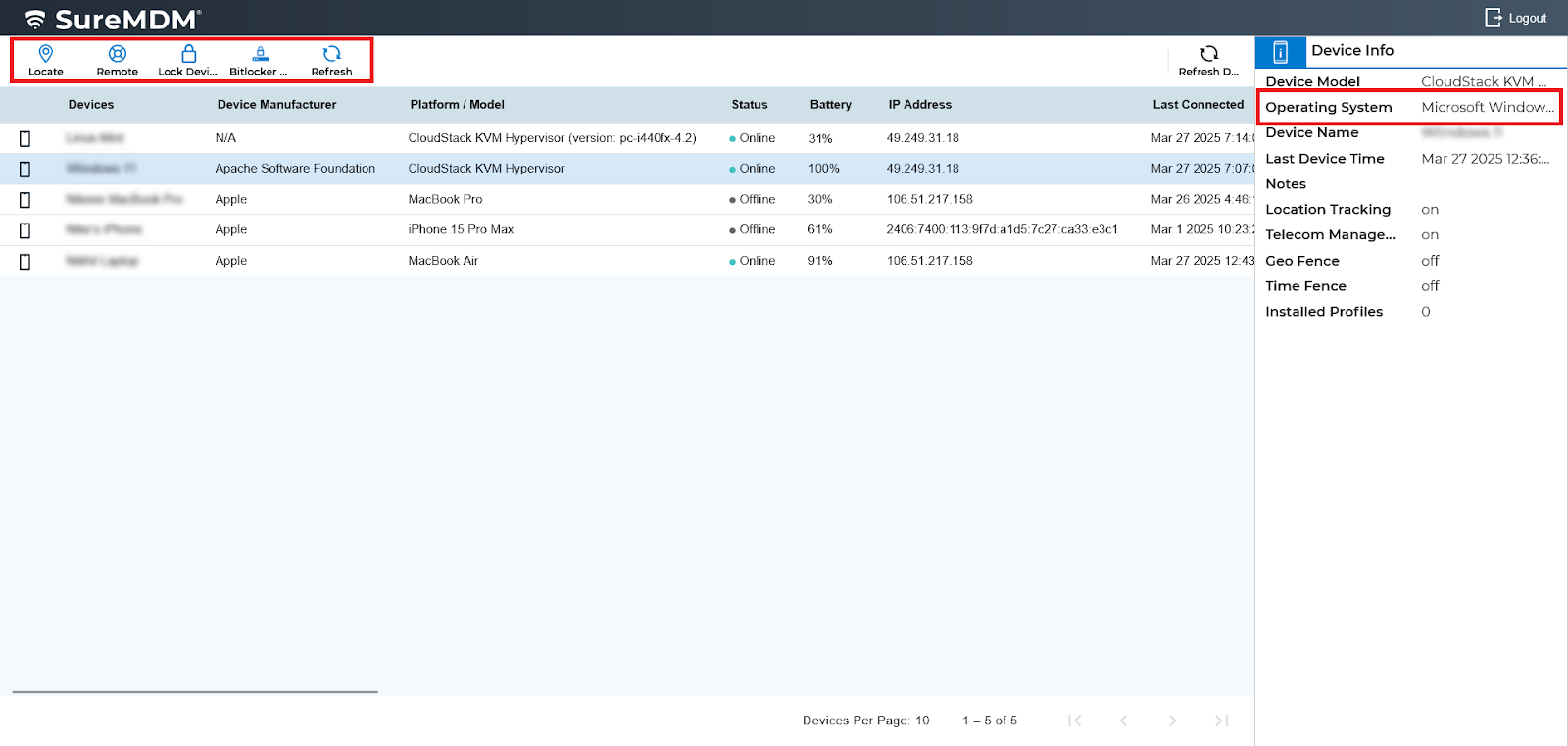 Available device management actions in Self service portal for Windows