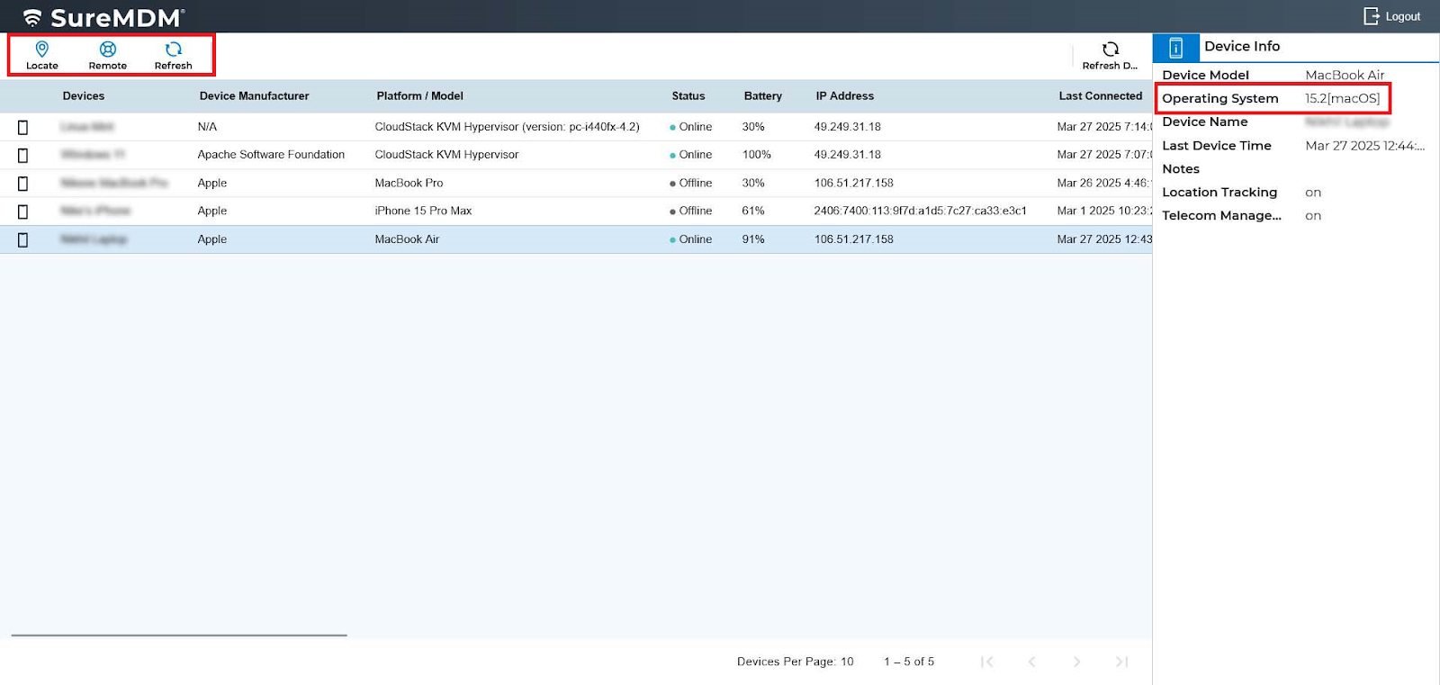 Available device management actions in Self service portal for macOS