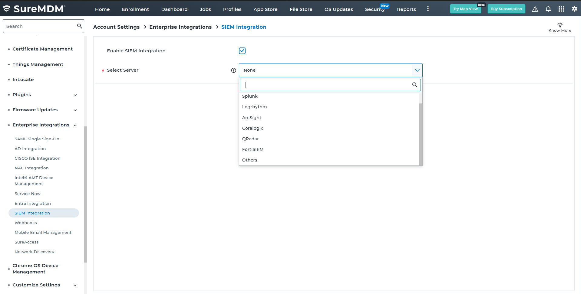List of SIEM Integrations in SureMDM