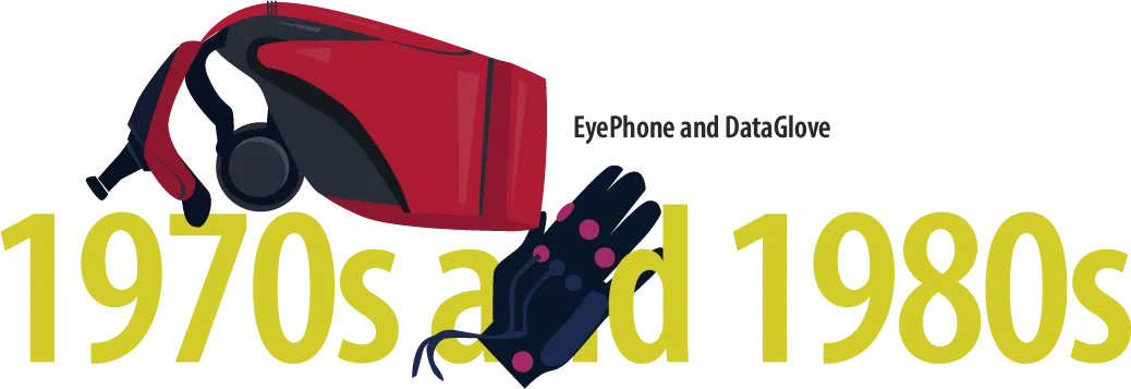 A black-and-red glove with a few red spots, and wires on the wrist, alongside a sleek red-and-black VR headset