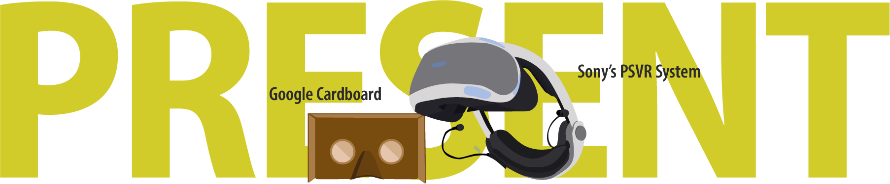 On the left, a small cardboard box with two lenses. On the right, an angular blue, white, and black VR HMD.