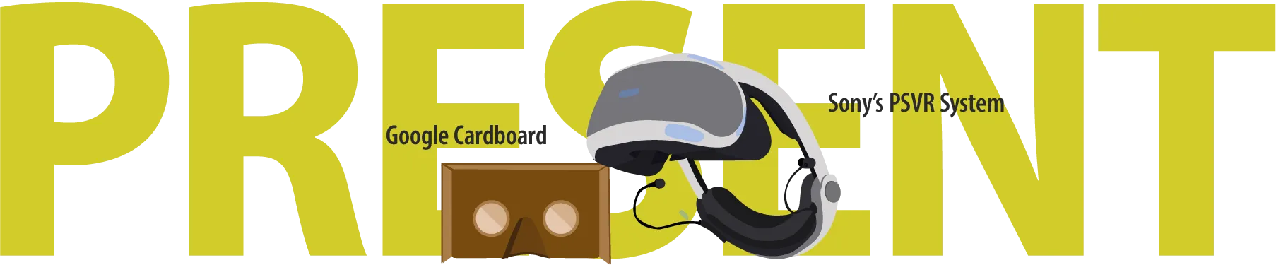 On the left, a small cardboard box with two lenses. On the right, an angular blue, white, and black VR HMD.