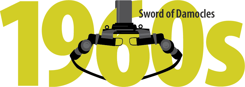 A head-mounted display consisting of a huge pillar with a harness for the head and two eyepieces placed to enable VR.