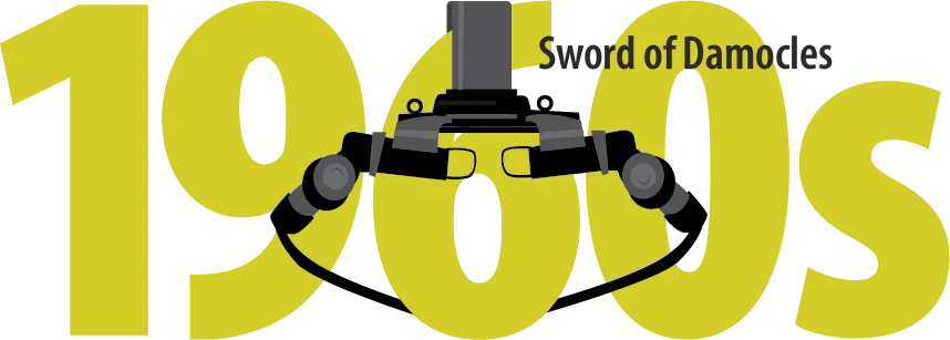 A head-mounted display consisting of a huge pillar with a harness for the head and two eyepieces placed to enable VR.