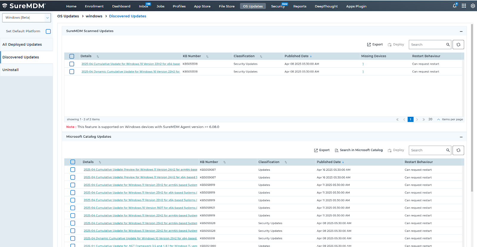 List of patches with details such as classification, KB article, eligible devices, etc.