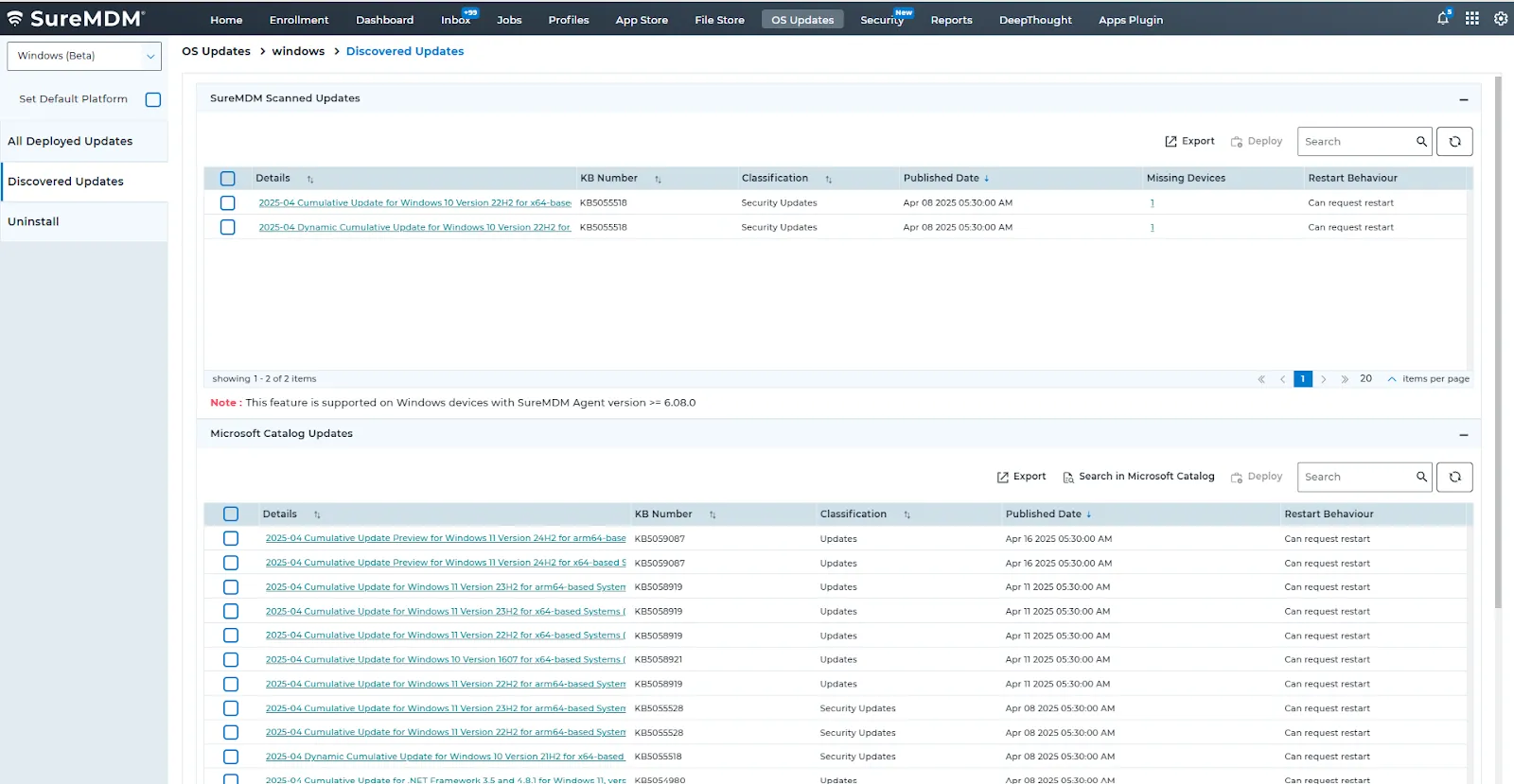 List of patches with details such as classification, KB article, eligible devices, etc. 