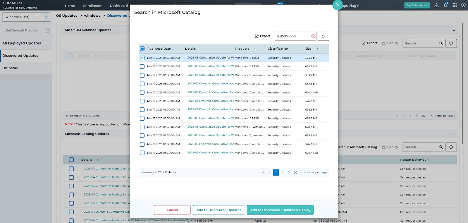 Microsoft Catalog with list of OS updates to be added to the local repository