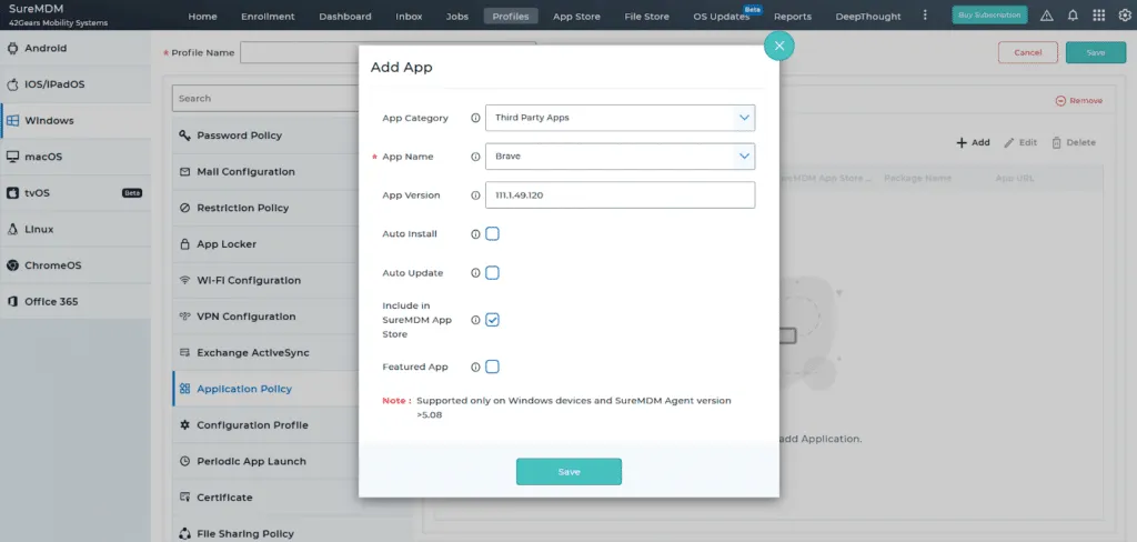 Application policy configuration for third party apps in the MDM console