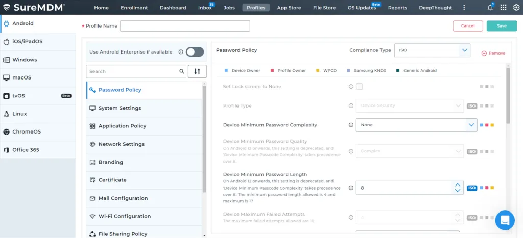 ISO 27001 policies in SureMDM web console