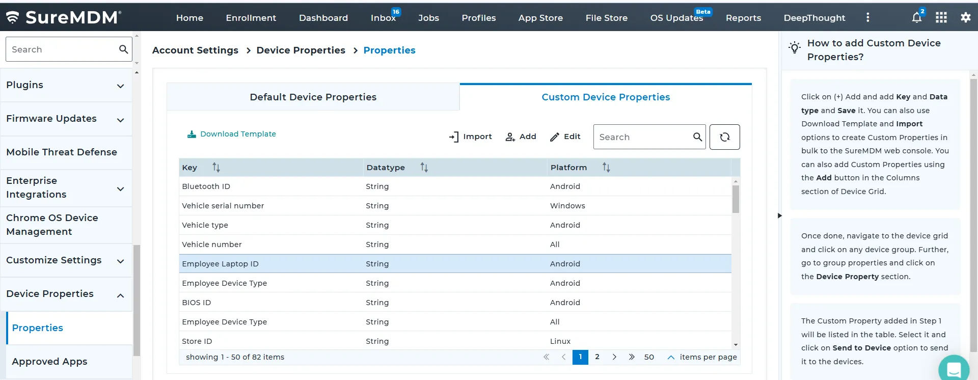 Creating Custom Device Properties in the SureMDM web console.