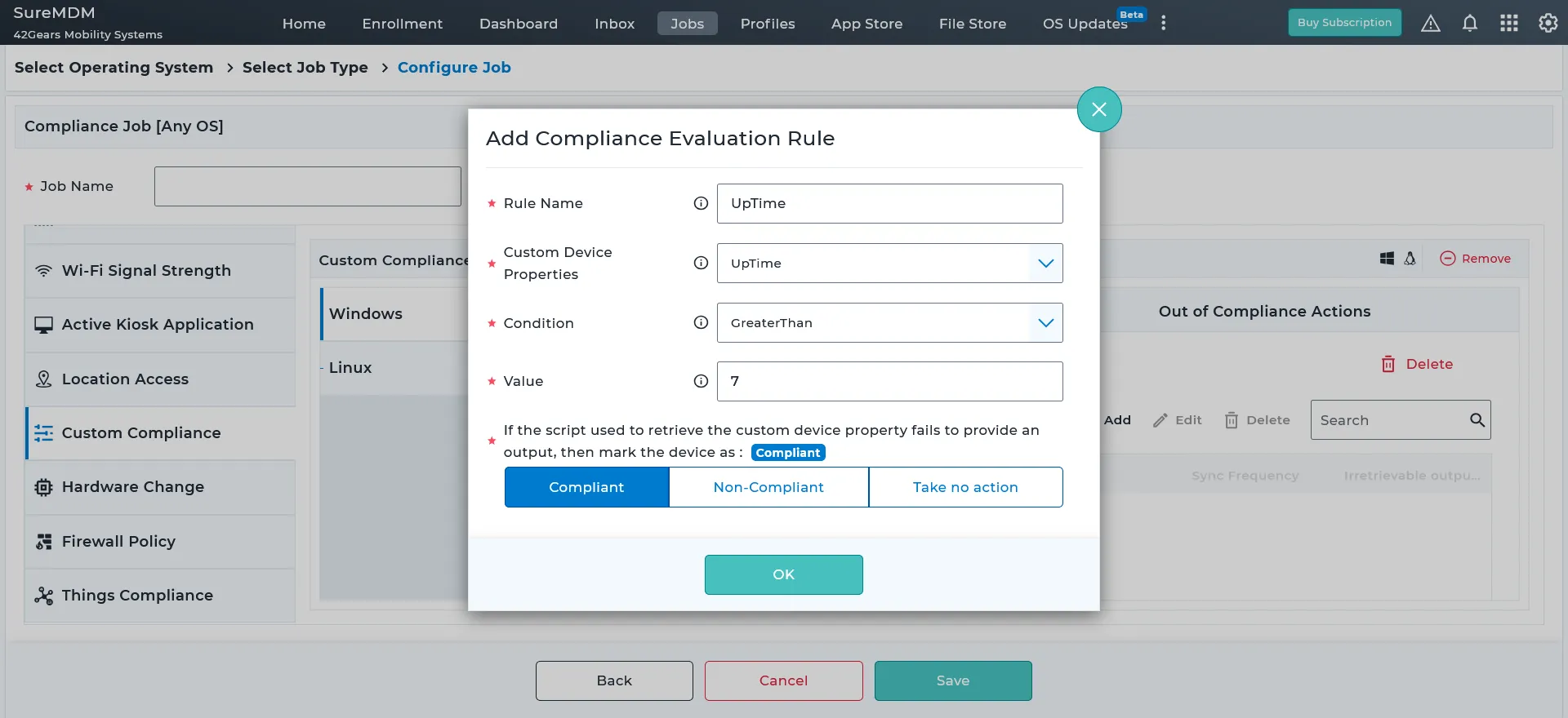 Evaluating for device compliance with Custom Device Properties in the SureMDM web console.