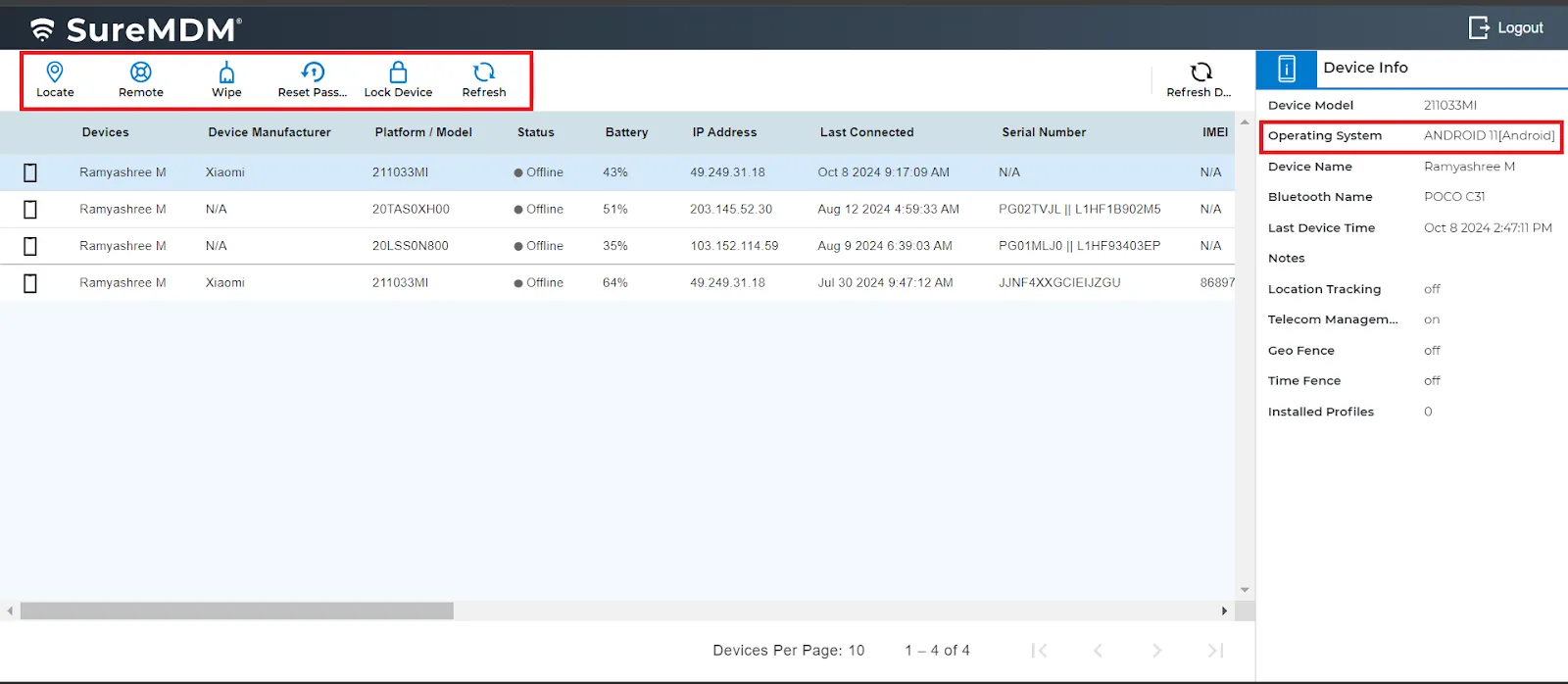 Available device management actions in Self service portal for Android