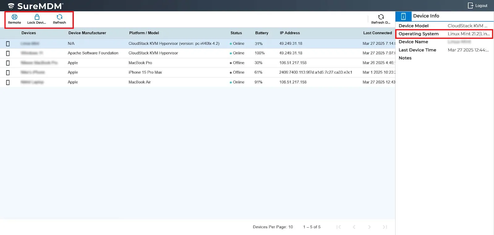 Available device management actions in Self service portal for Linux