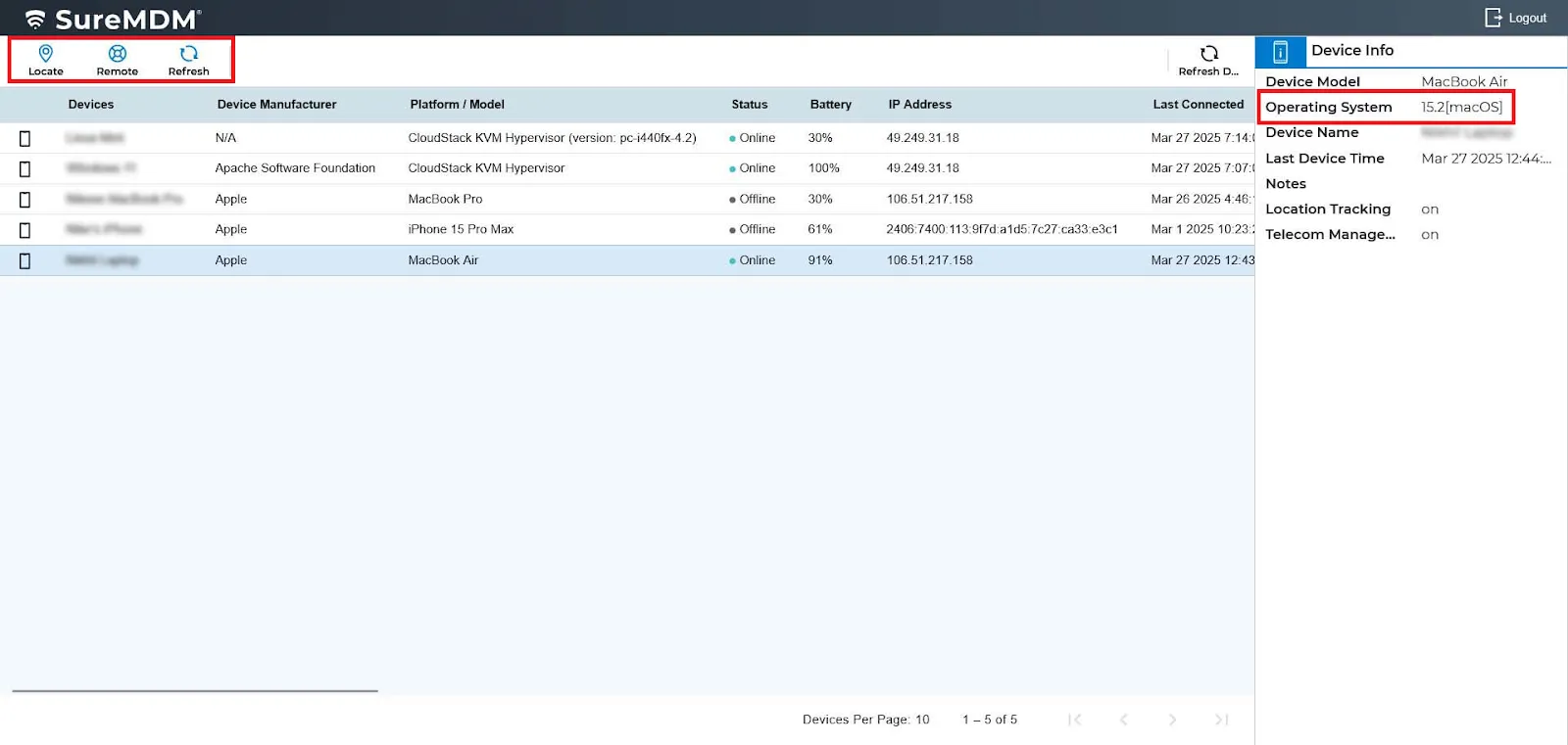 Available device management actions in Self service portal for macOS