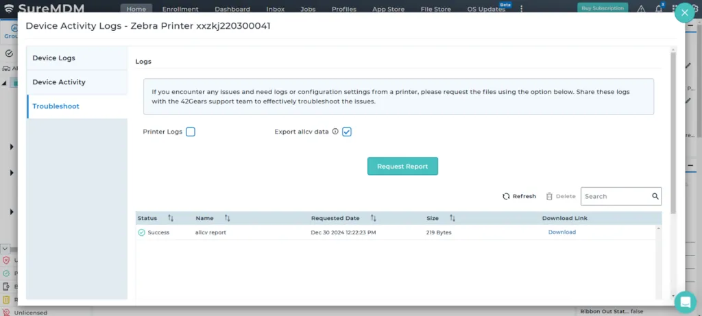 Retrieving allcv report for Zebra printers in SureMDM