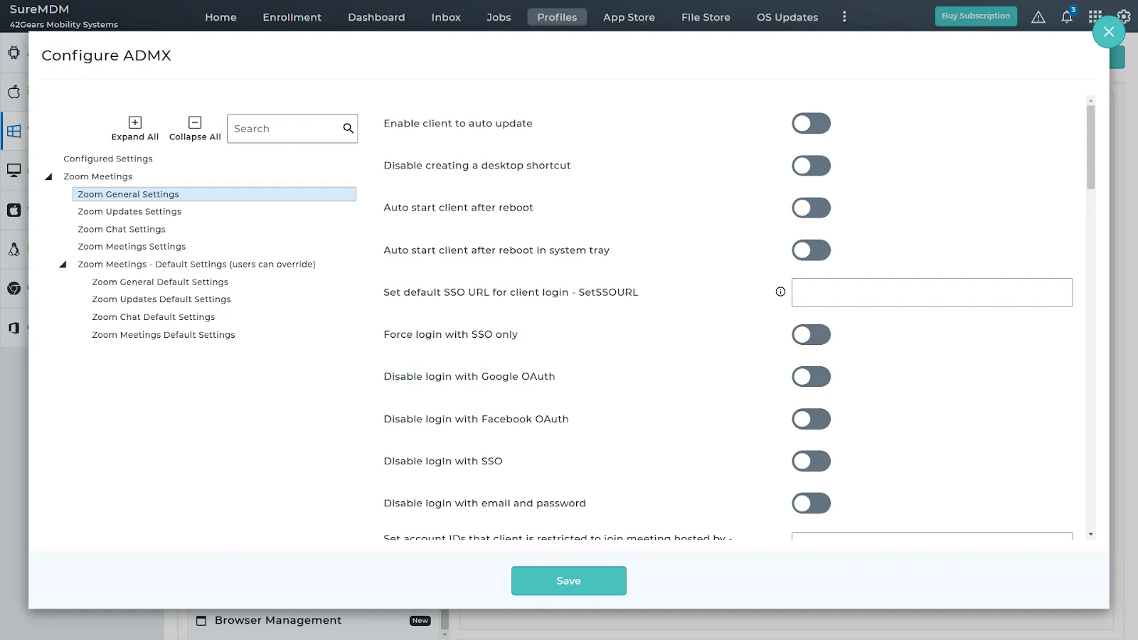 List of available Zoom app settings