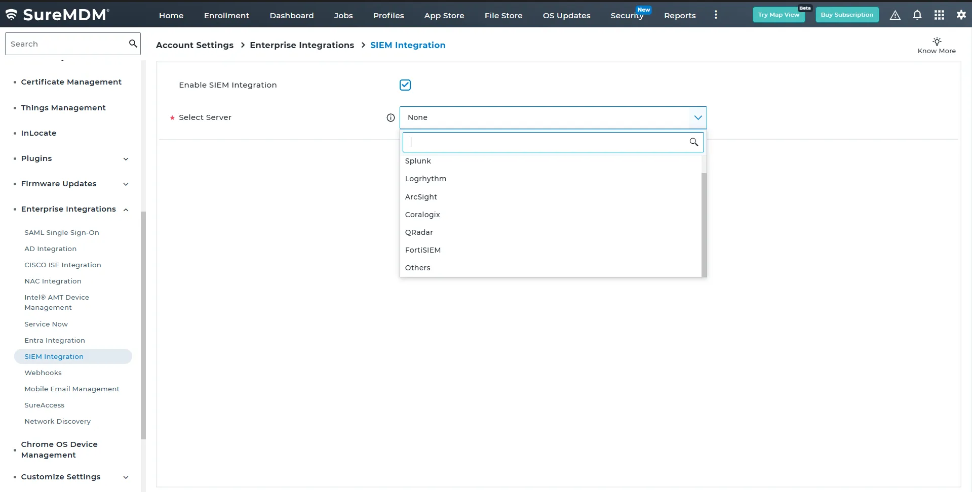 List of SIEM Integrations in SureMDM