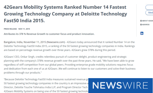 42Gears Mobility Systems Ranked Number 14 Fastest Growing Technology Company at Deloitte Technology Fast50 India 2015 - newswire