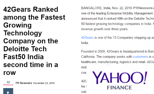 42Gears-Yahoo-Finance-Deloitte Tech Fast50 India -Sept-2016