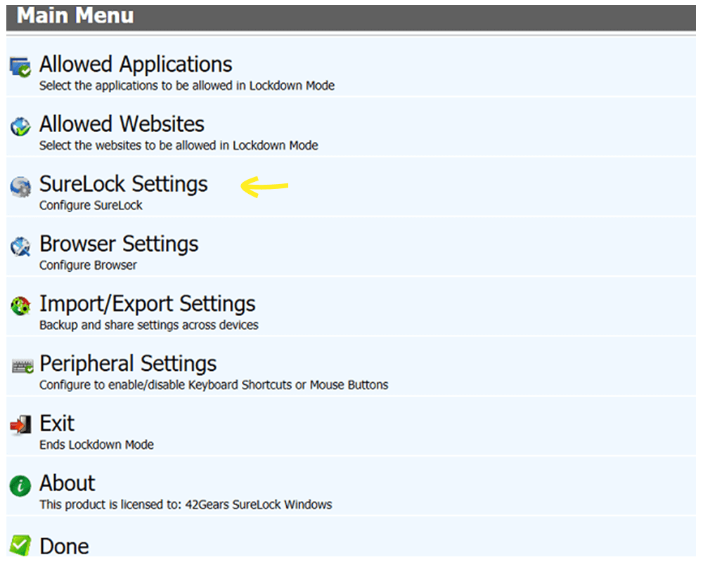 SureLock Main menu for Windows