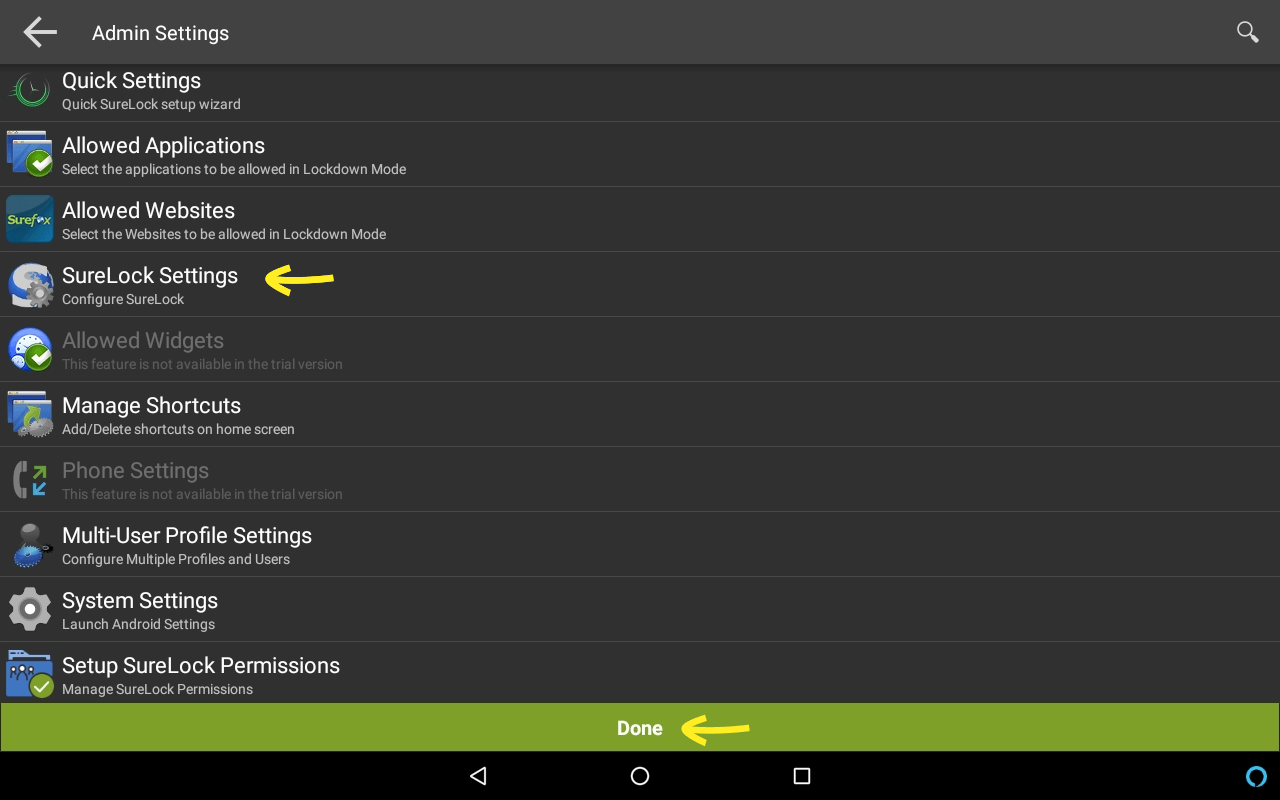 SureLock Settings screen