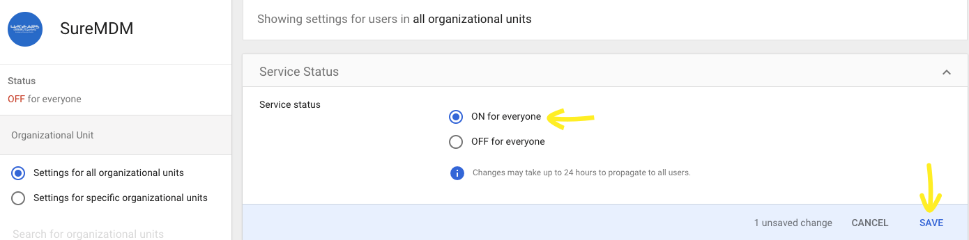 Integrate G Suite with single sign-on in 42Gears UEM - Select ON for everyone and click Save