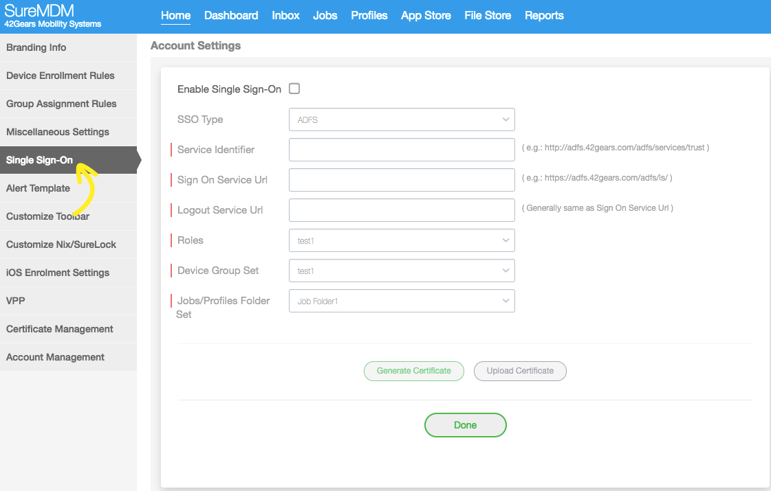 Integrate G Suite with single sign-on in 42Gears UEM - Settings